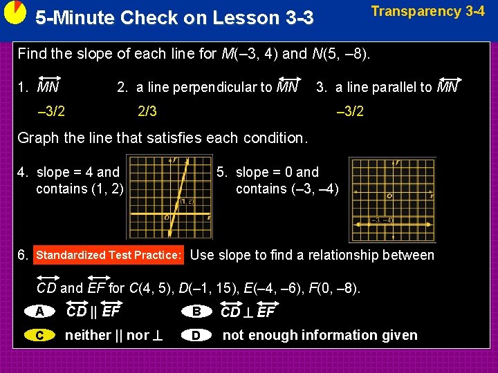 Transparency 3 -4 5 -Minute Check on Lesson 3 -3 Find the slope of