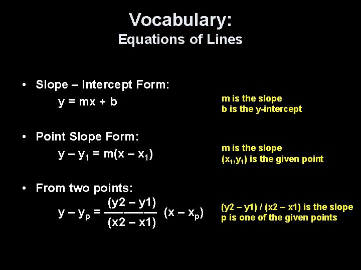 Vocabulary: Equations of Lines • Slope – Intercept Form: y = mx + b