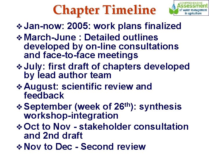 Chapter Timeline v Jan-now: 2005: work plans finalized v March-June : Detailed outlines developed