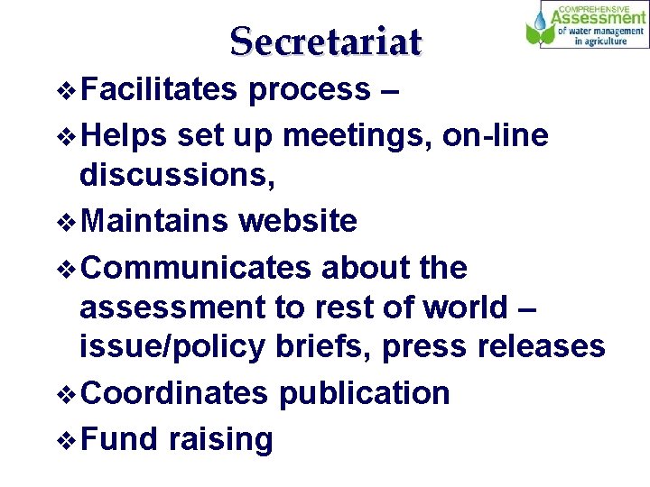 Secretariat v Facilitates process – v Helps set up meetings, on-line discussions, v Maintains