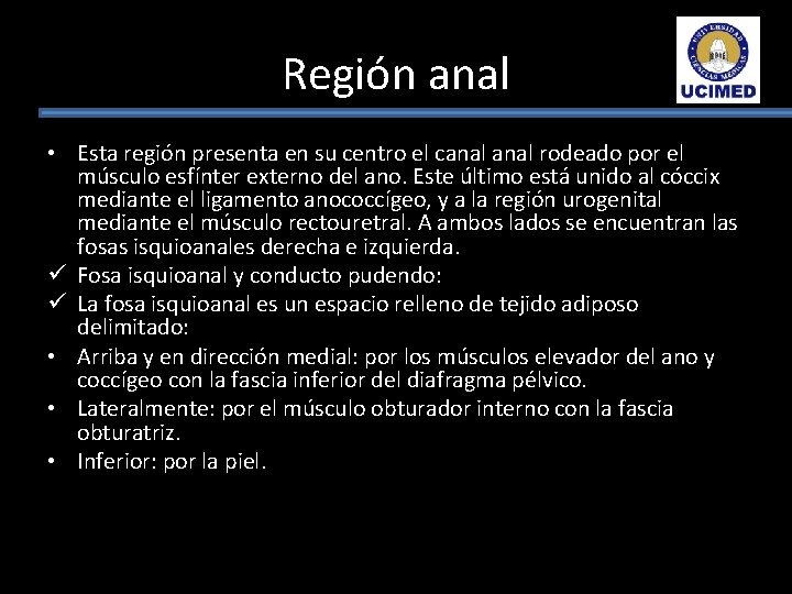 Región anal • Esta región presenta en su centro el canal rodeado por el