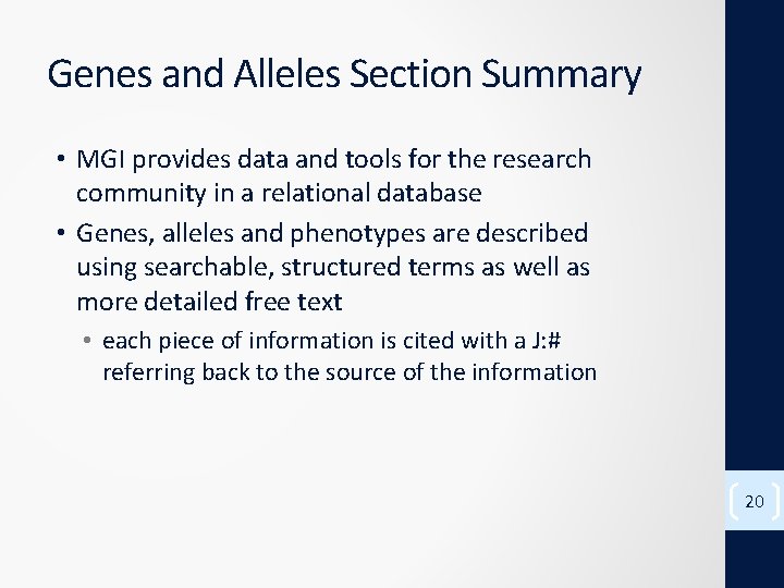 Genes and Alleles Section Summary • MGI provides data and tools for the research
