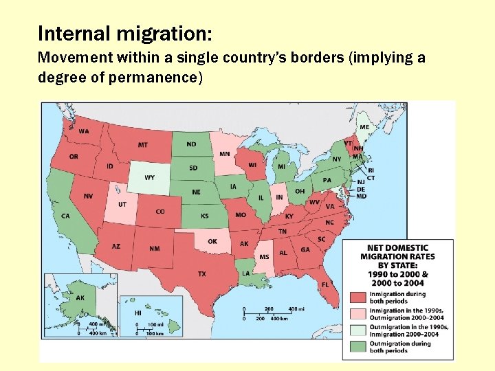 Internal migration: Movement within a single country’s borders (implying a degree of permanence) 