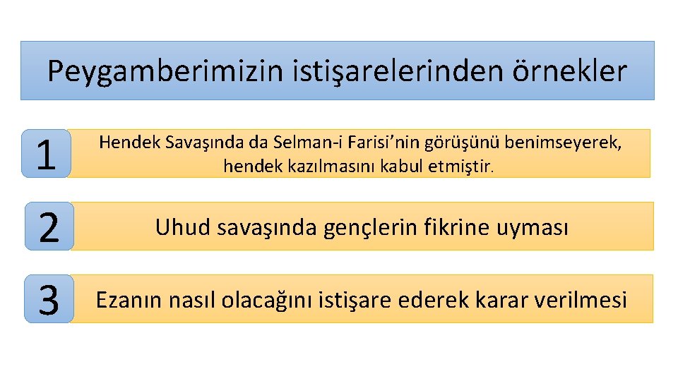 Peygamberimizin istişarelerinden örnekler 1 Hendek Savaşında da Selman-i Farisi’nin görüşünü benimseyerek, hendek kazılmasını kabul