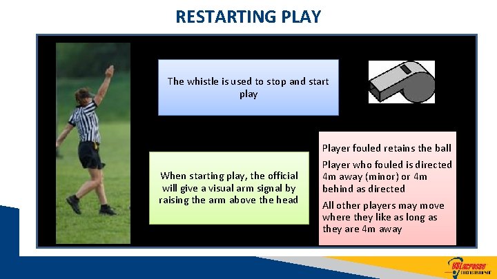 RESTARTING PLAY The whistle is used to stop and start play When starting play,