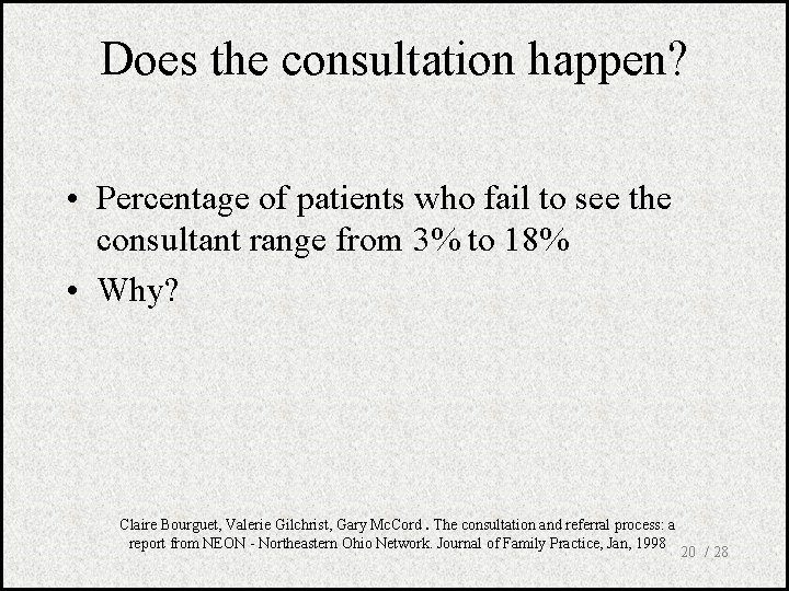 Does the consultation happen? • Percentage of patients who fail to see the consultant