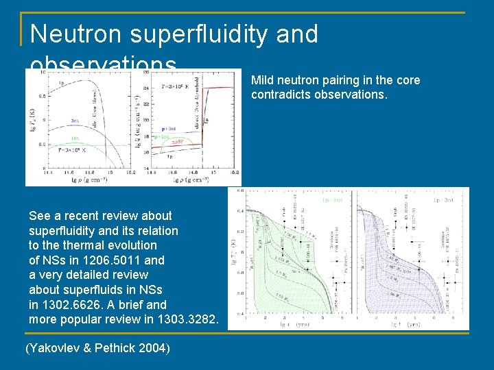 Neutron superfluidity and observations Mild neutron pairing in the core contradicts observations. See a