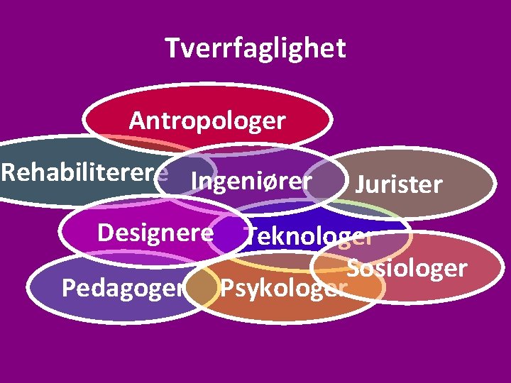 Tverrfaglighet Antropologer Rehabiliterere Ingeniører Designere Pedagoger Jurister Teknologer Sosiologer Psykologer 