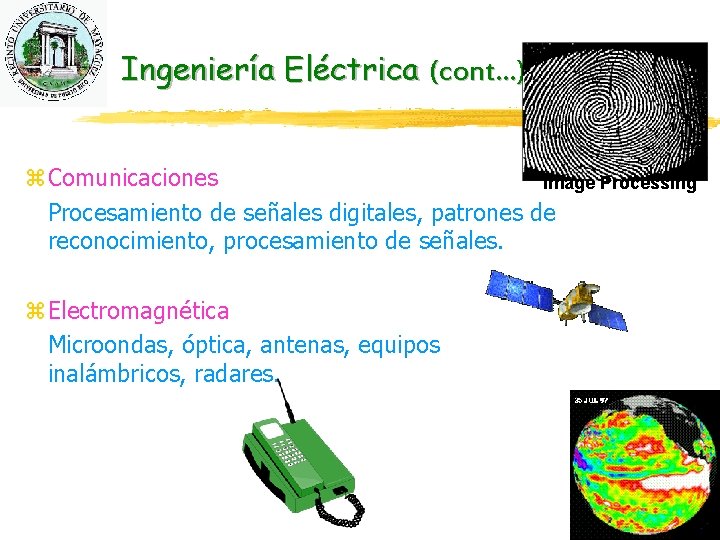 Ingeniería Eléctrica (cont…) z. Comunicaciones Image Processing Procesamiento de señales digitales, patrones de reconocimiento,