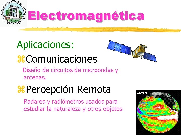 Electromagnética Aplicaciones: z. Comunicaciones Diseño de circuitos de microondas y antenas. z. Percepción Remota