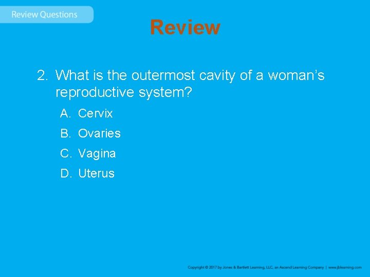 Review 2. What is the outermost cavity of a woman’s reproductive system? A. Cervix