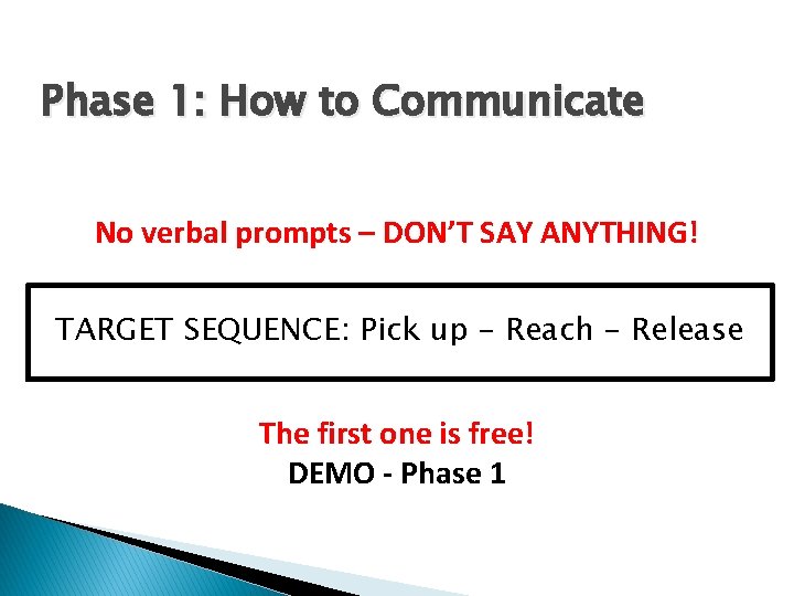 Phase 1: How to Communicate No verbal prompts – DON’T SAY ANYTHING! TARGET SEQUENCE: