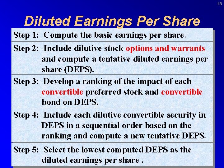 15 Diluted Earnings Per Share Step 1: Compute the basic earnings per share. Step