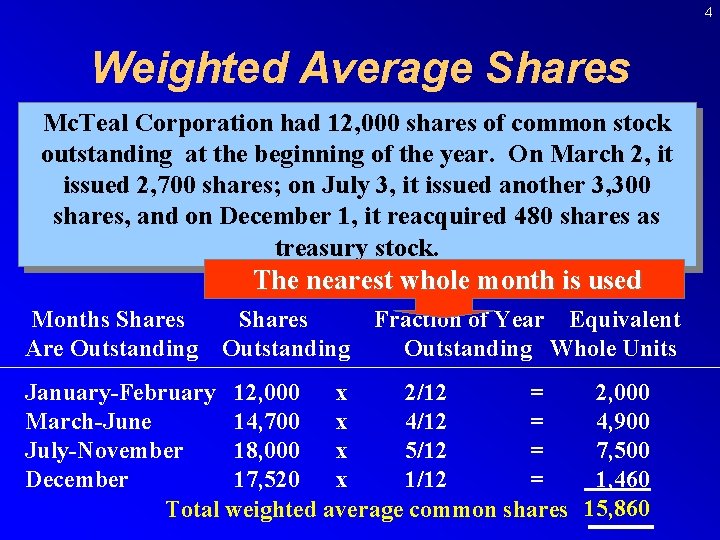 4 Weighted Average Shares Mc. Teal Corporation had 12, 000 shares of common stock