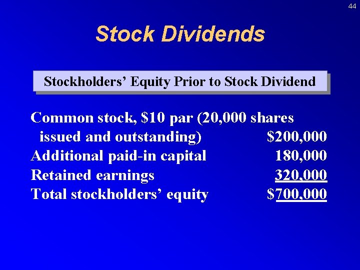 44 Stock Dividends Stockholders’ Equity Prior to Stock Dividend Common stock, $10 par (20,