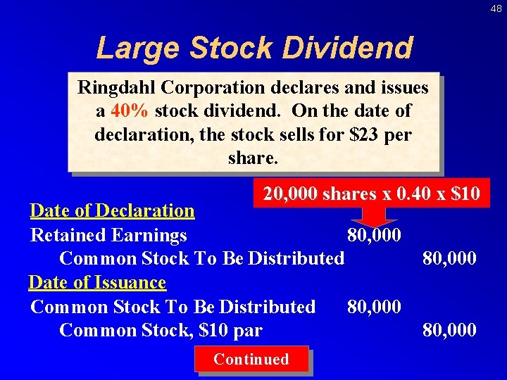 48 Large Stock Dividend Ringdahl Corporation declares and issues a 40% stock dividend. On