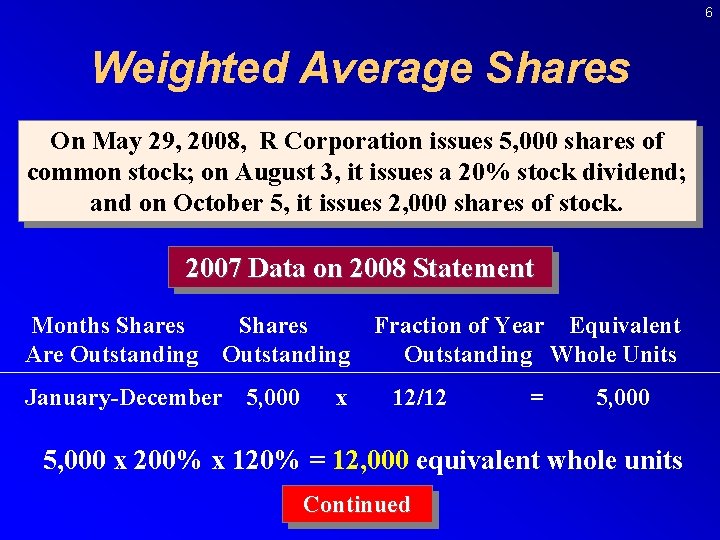 6 Weighted Average Shares On May 29, 2008, R Corporation issues 5, 000 shares