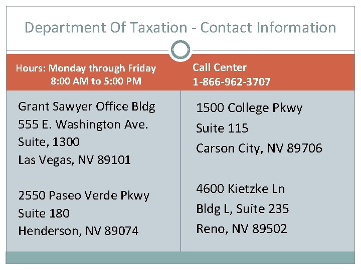 Department Of Taxation - Contact Information Hours: Monday through Friday 8: 00 AM to