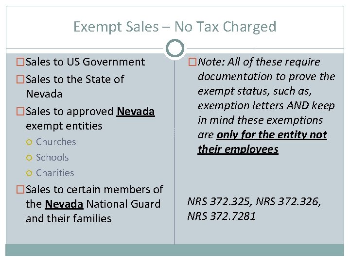 Exempt Sales – No Tax Charged �Sales to US Government �Sales to the State