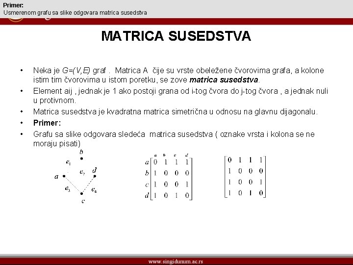 Primer: Usmerenom grafu sa slike odgovara matrica susedstva MATRICA SUSEDSTVA • • • Neka