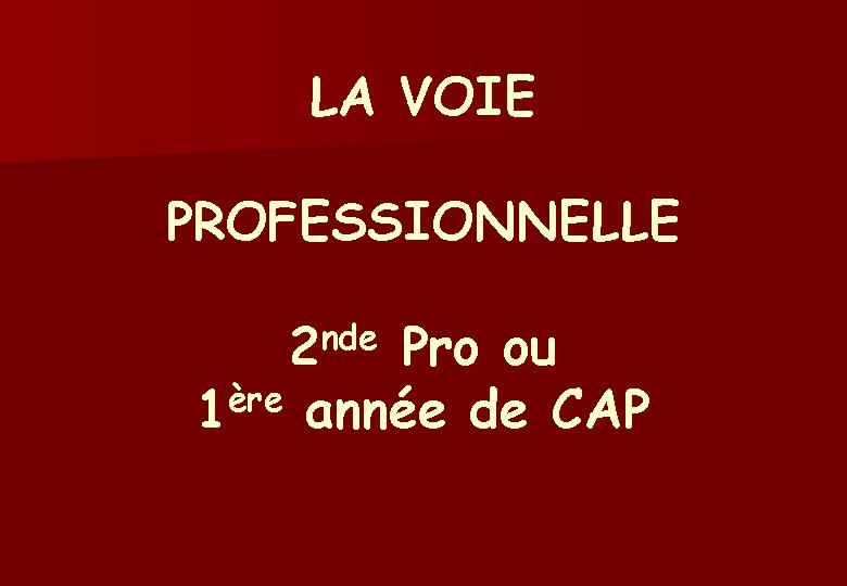 LA VOIE PROFESSIONNELLE ère 1 nde 2 Pro ou année de CAP 