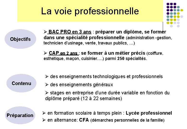 La voie professionnelle Objectifs Ø BAC PRO en 3 ans : préparer un diplôme,