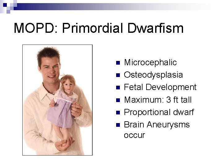 MOPD: Primordial Dwarfism n n n Microcephalic Osteodysplasia Fetal Development Maximum: 3 ft tall