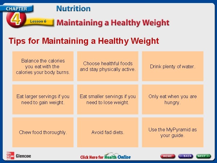 Tips for Maintaining a Healthy Weight Balance the calories you eat with the calories
