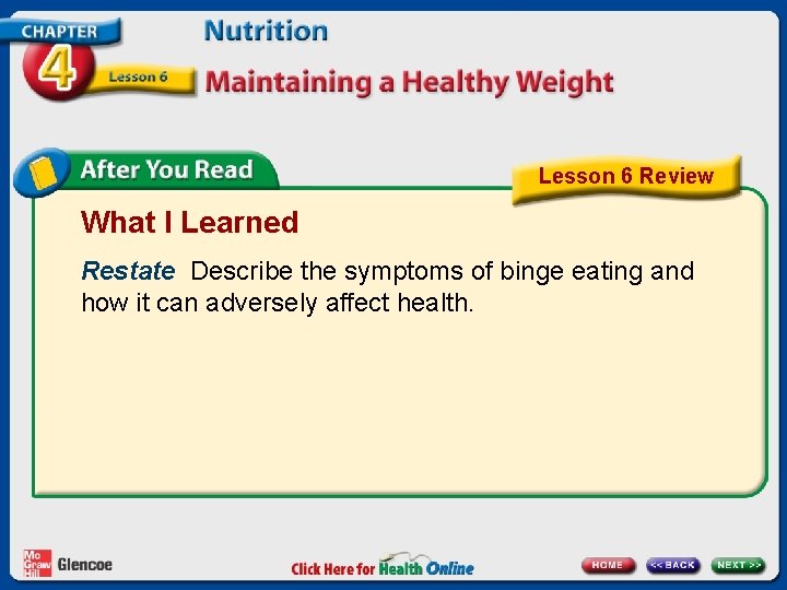 Lesson 6 Review What I Learned Restate Describe the symptoms of binge eating and