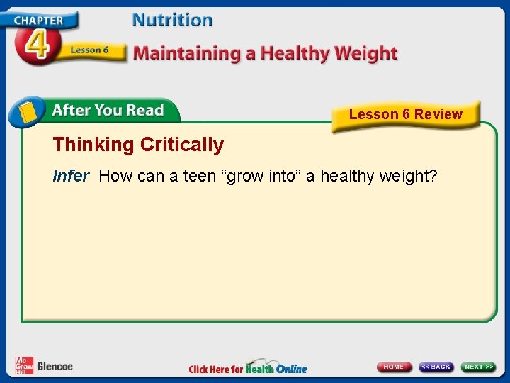 Lesson 6 Review Thinking Critically Infer How can a teen “grow into” a healthy