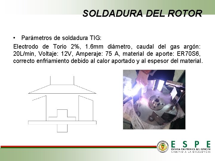 SOLDADURA DEL ROTOR • Parámetros de soldadura TIG: Electrodo de Torio 2%, 1. 6