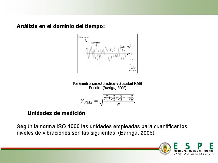 Análisis en el dominio del tiempo: Parámetro característico velocidad RMS Fuente: (Barriga, 2009) Unidades