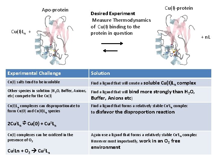 Apo-protein Cu(I)Ln + Desired Experiment Measure Thermodynamics of Cu(I) binding to the protein in Apo-protein Cu(I)Ln + Desired Experiment Measure Thermodynamics of Cu(I) binding to the protein in