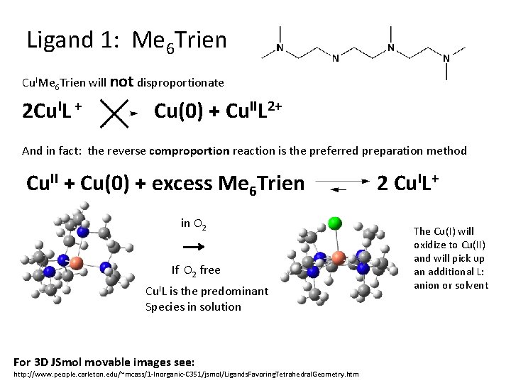 Ligand 1: Me 6 Trien Cu. IMe 6 Trien will not disproportionate 2 Cu. Ligand 1: Me 6 Trien Cu. IMe 6 Trien will not disproportionate 2 Cu.
