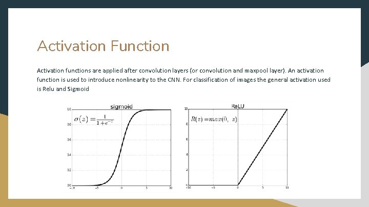 Activation Function Activation functions are applied after convolution layers (or convolution and maxpool layer).