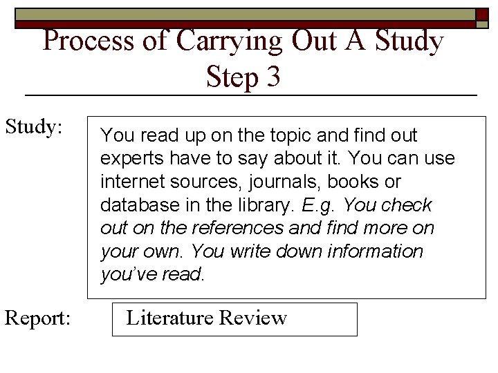 Process of Carrying Out A Study Step 3 Study: Report: You read up on