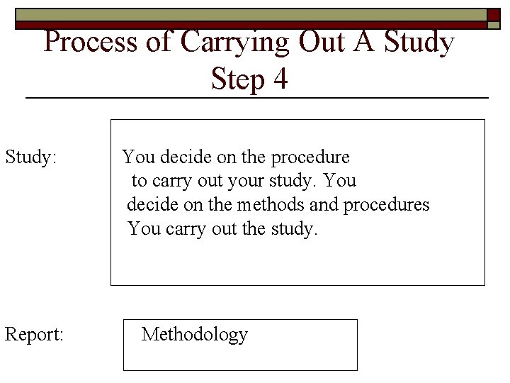 Process of Carrying Out A Study Step 4 Study: Report: You decide on the