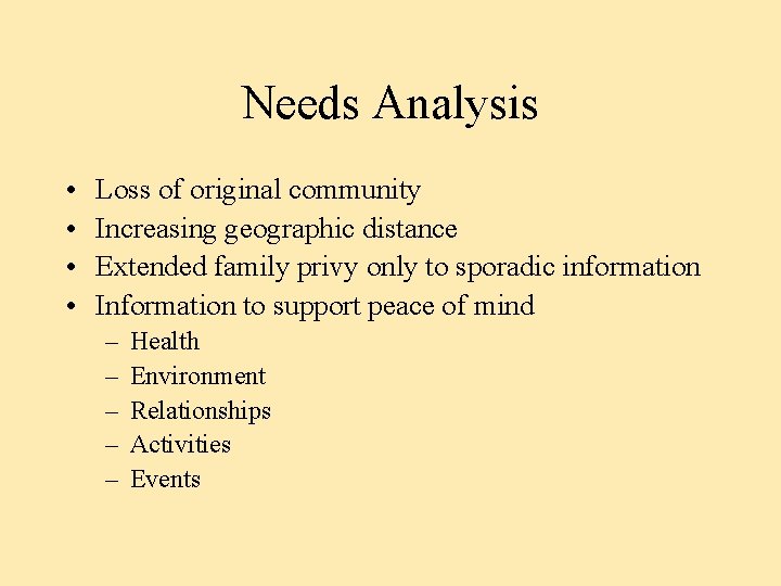 Needs Analysis • • Loss of original community Increasing geographic distance Extended family privy