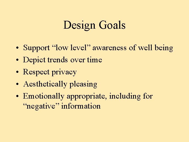 Design Goals • • • Support “low level” awareness of well being Depict trends