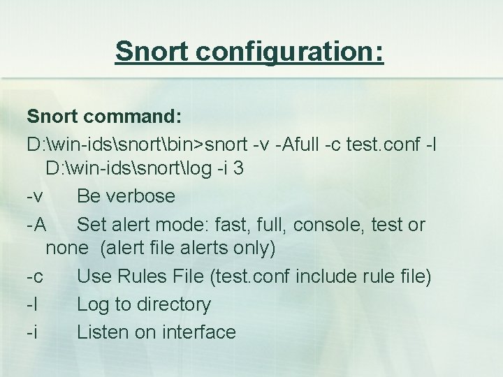 Snort configuration: Snort command: D: win-idssnortbin>snort -v -Afull -c test. conf -l D: win-idssnortlog