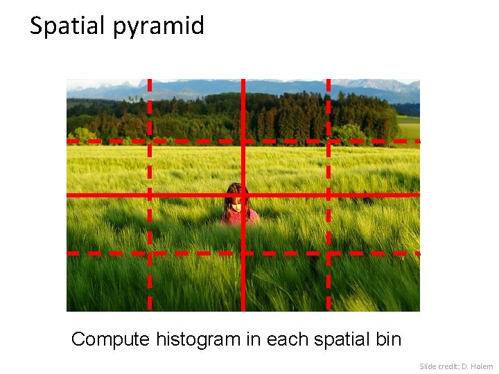 Spatial pyramid Compute histogram in each spatial bin Slide credit: D. Hoiem 