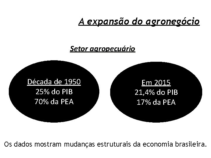 A expansão do agronegócio Setor agropecuário Década de 1950 25% do PIB 70% da