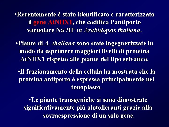  • Recentemente è stato identificato e caratterizzato il gene At. NHX 1, che