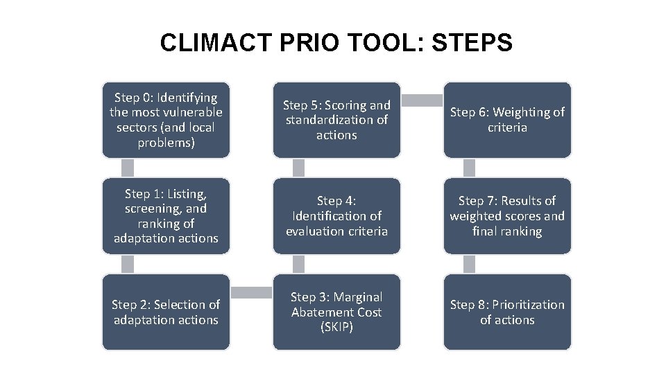 CLIMACT PRIO TOOL: STEPS Step 0: Identifying the most vulnerable sectors (and local problems)