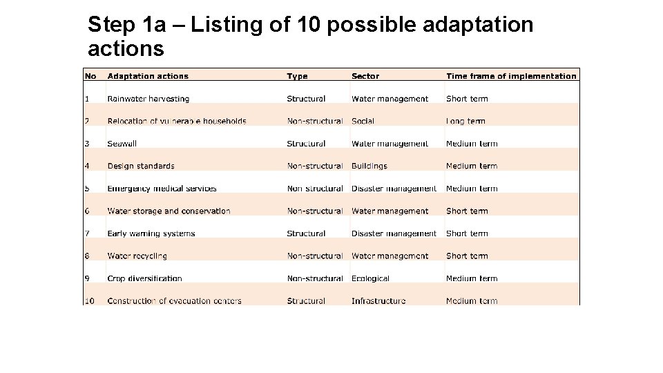 Step 1 a – Listing of 10 possible adaptation actions 