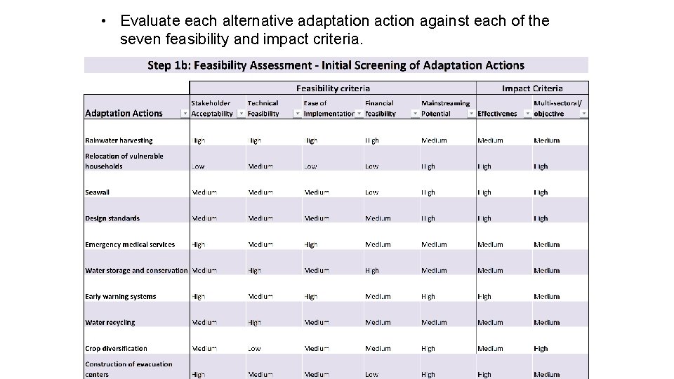  • Evaluate each alternative adaptation action against each of the seven feasibility and