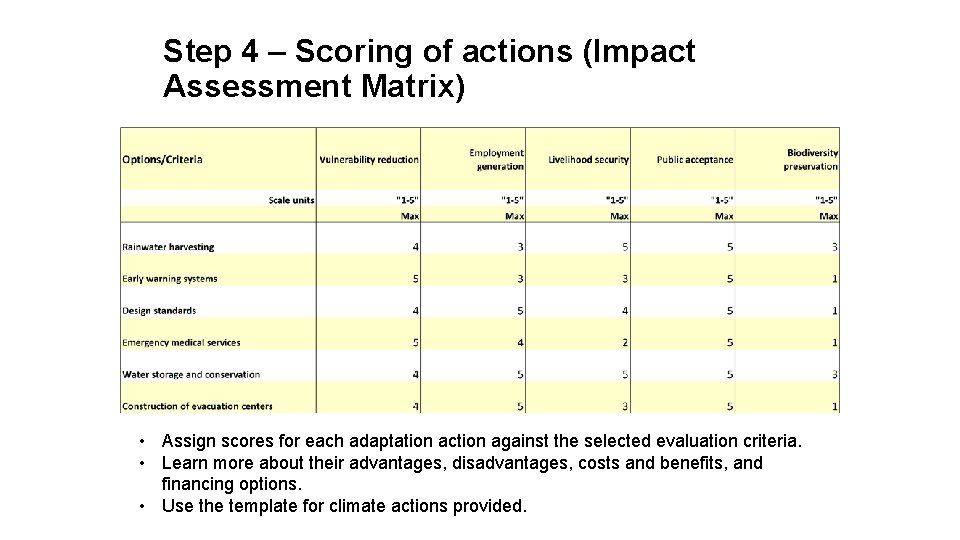 Step 4 – Scoring of actions (Impact Assessment Matrix) • Assign scores for each