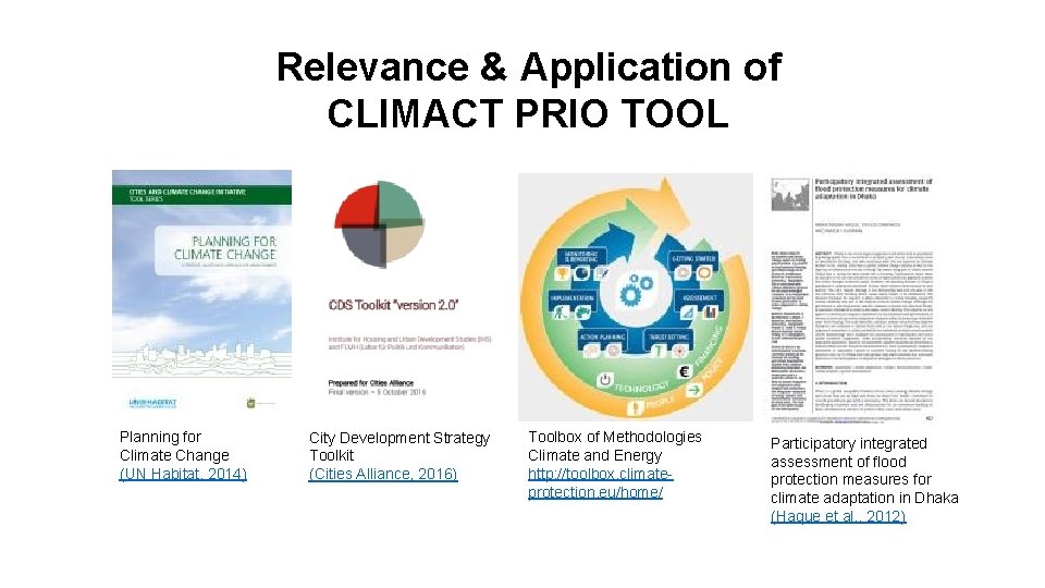 Relevance & Application of CLIMACT PRIO TOOL Planning for Climate Change (UN Habitat, 2014)