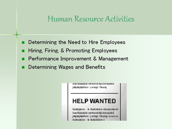 Human Resource Activities n n Determining the Need to Hire Employees Hiring, Firing, &