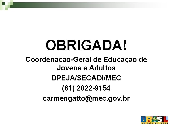OBRIGADA! Coordenação-Geral de Educação de Jovens e Adultos DPEJA/SECADI/MEC (61) 2022 -9154 carmengatto@mec. gov.